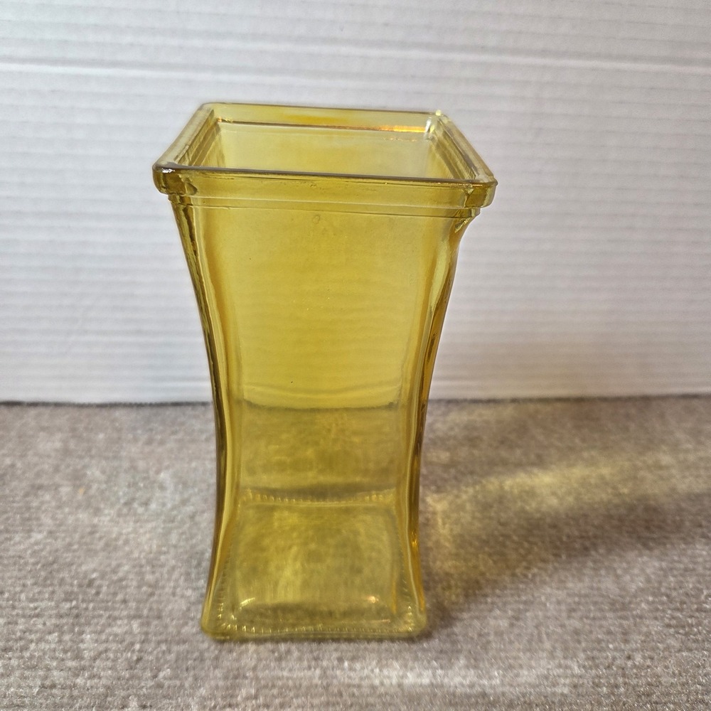FTD Yellow Glass Square VASE 6.5" Tall Curved Middle Flashed MCM retro boho